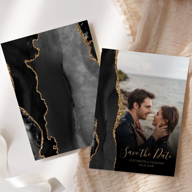 Modern Black Gold Agate Photo Save the Date Card (Creator Uploaded)