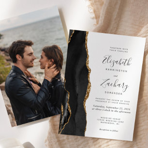 Modern Black Gold Agate Photo Wedding Invitation