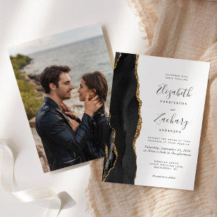Modern Black Gold Agate Photo Wedding Invitation