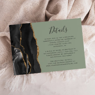 Modern Black Gold Agate Sage Green Wedding Details Enclosure Card