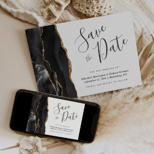 Modern Black Gold Agate Save the Date Card