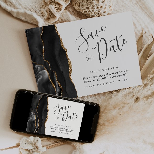 Modern Black Gold Agate Save the Date Card (Creator Uploaded)