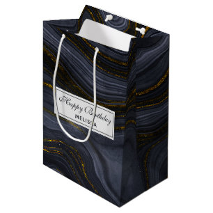 Modern Black & Gold Agate Stone Abstract Birthday Medium Gift Bag