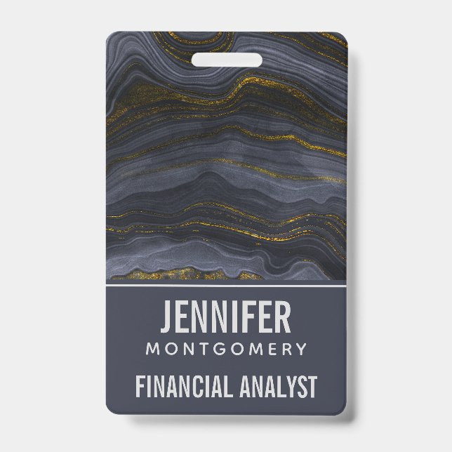 Modern Black & Gold Agate Stone Abstract ID Badge (Front)