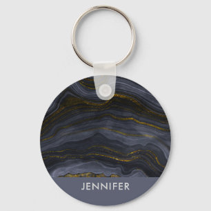 Modern Black & Gold Agate Stone Abstract Key Ring