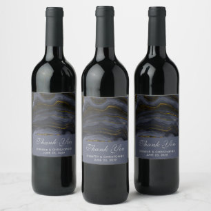 Modern Black & Gold Agate Stone Abstract Wedding Wine Label