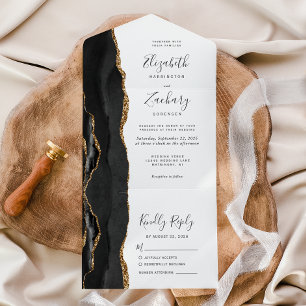 Modern Black Gold Agate Wedding All In One Invitation