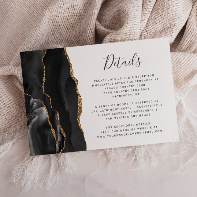 Modern Black Gold Agate Wedding Details Enclosure Card (Creator Uploaded)