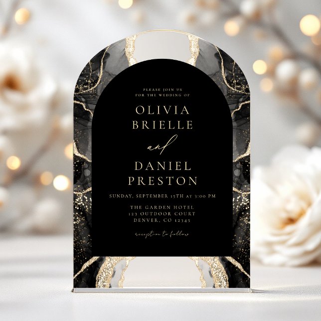 Modern Black Gold Agate Wedding Elegant Acrylic Invitations (Creator Uploaded)