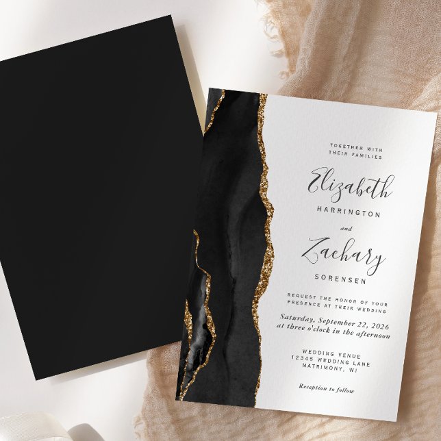 Modern Black Gold Agate Wedding Invitation (Creator Uploaded)