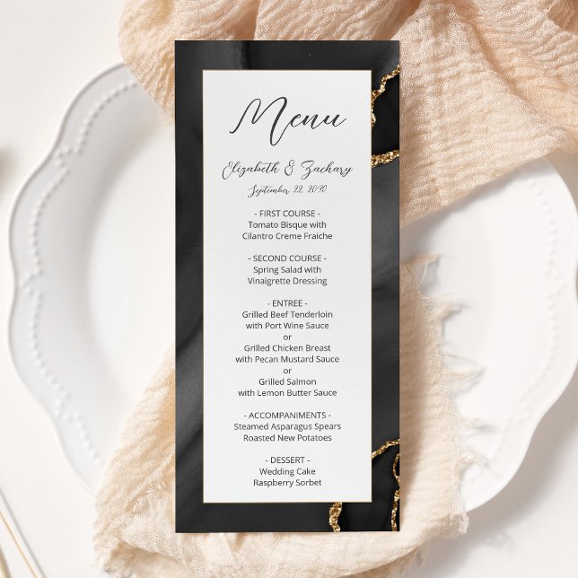 Modern Black Gold Agate Wedding Menu (Creator Uploaded)