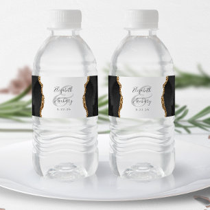 Modern Black Gold Agate Wedding Water Bottle Label