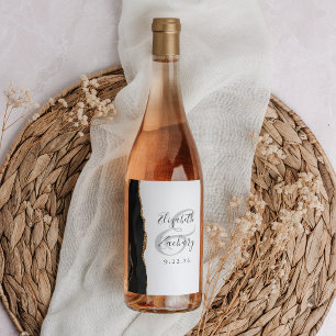 Modern Black Gold Agate Wedding Wine Label