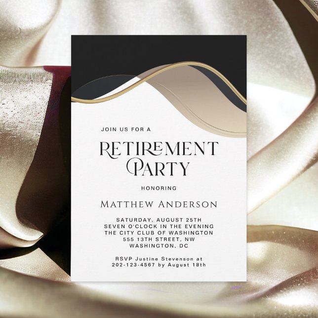 Modern Black, Gold and Tan Retirement Party Invitation (Available as printed and paperless digital download!)