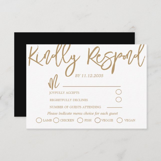 Modern Black, Gold and White Wedding RSVP (Front/Back)