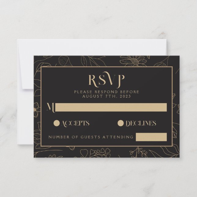 Modern Black & Gold Anemone Floral Wedding  RSVP Card (Front)