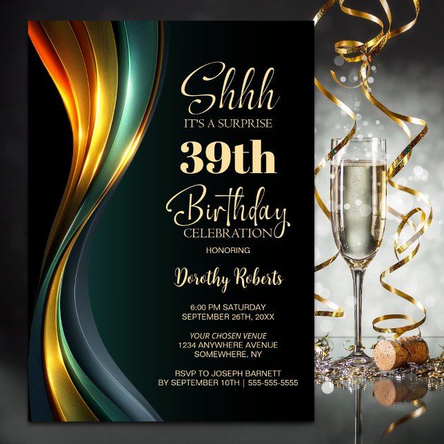 Modern Black Gold Any Age Surprise Birthday Party Invitation (Creator Uploaded)