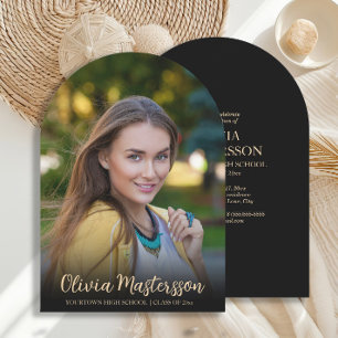 Modern Black Gold Arch Photo Graduation Party Invitation