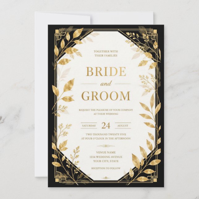 Modern Black Gold Art Deco Wedding Invitation | Lu (Front)
