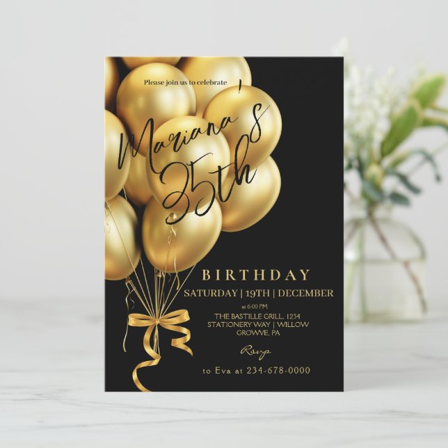  Modern Black & Gold Balloon bow Birthday Party Invitation (Standing Front)