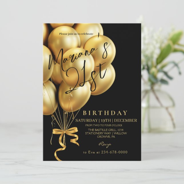  Modern Black & Gold Balloon bow Birthday Party Invitation (Standing Front)