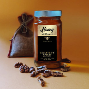 Modern black gold bee script Honey jar 