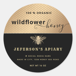 Modern black gold bee script Honey jar  Classic Ro Round Sticker