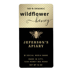 Modern black gold bee script Honey jar Label
