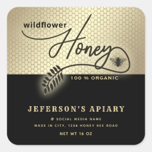 Modern black gold bee script Honey jar Square Sticker