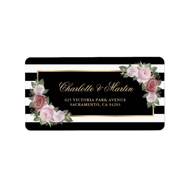 Modern Black Gold Blush Pink Floral Label (Front)