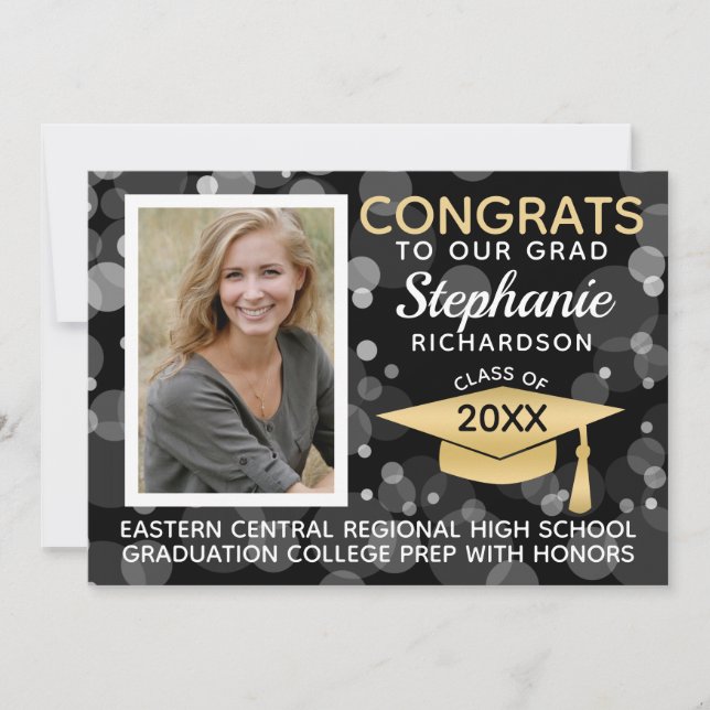 Modern Black Gold Bokeh Bubbles Photo Graduation Invitation (Front)