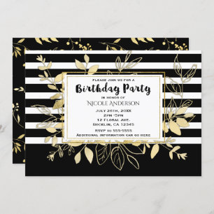 Modern Black Gold Botanical Glamour Birthday Party Invitation