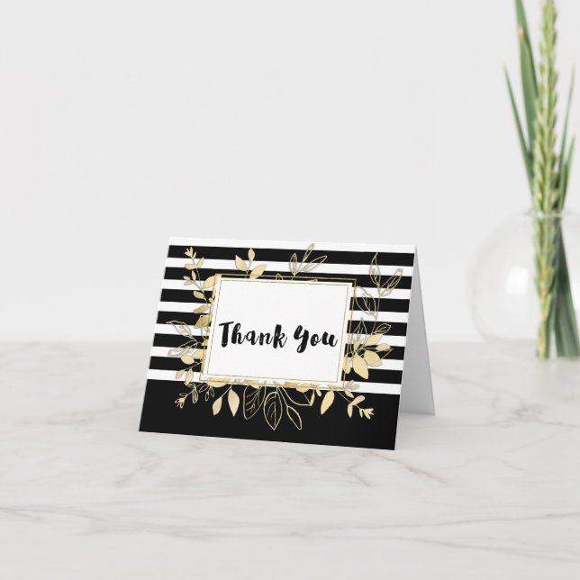 Modern Black Gold Botanical Glamour Chic Thank You Card (Front)