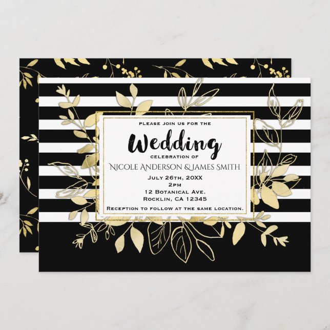 Modern Black Gold Botanical Glamour Chic Wedding Invitation (Front/Back)