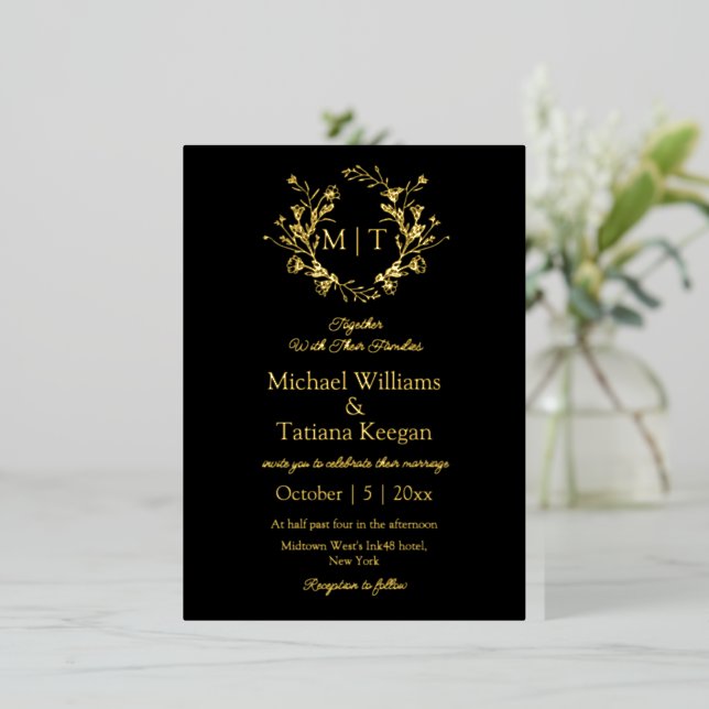 Modern Black & Gold Botanical Monogram Wedding (Standing Front)