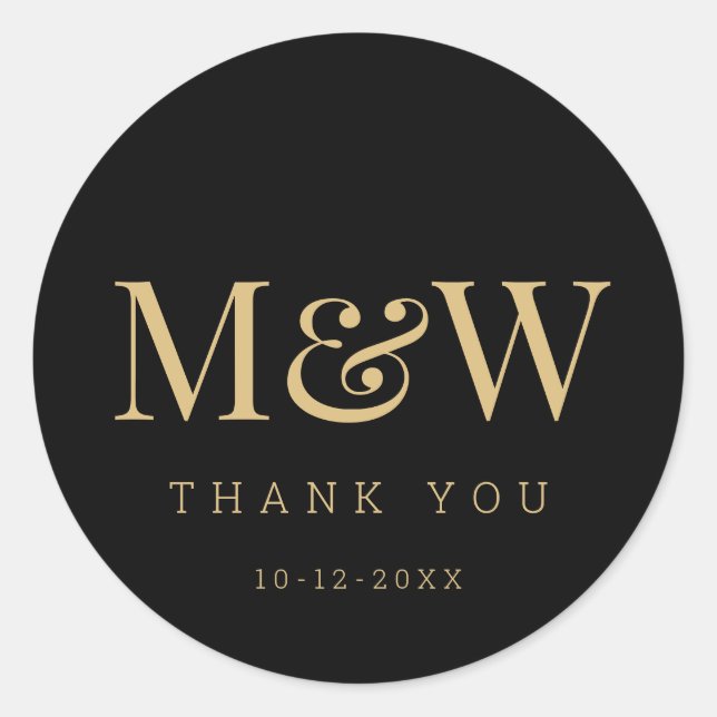 Modern Black Gold Bride Groom Monogram Thank You Classic Round Sticker (Front)