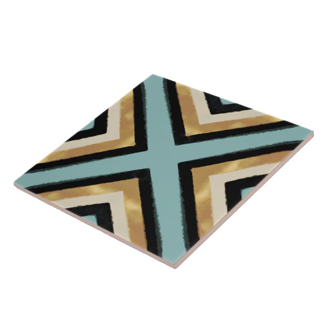 Modern Black Gold Brushstrokes Mint Geometric Tile (Side)
