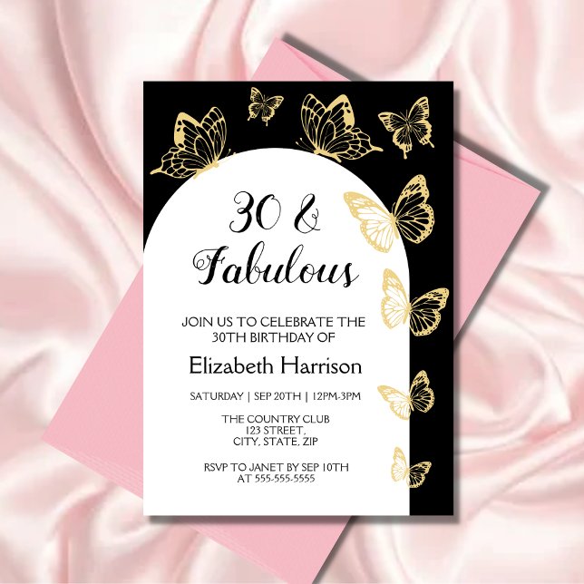 Modern Black Gold Butterflies Fabulous Birthday Invitation (Creator Uploaded)