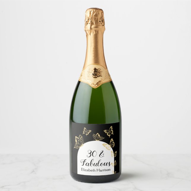 Modern Black Gold Butterflies Fabulous Birthday Sparkling Wine Label (Front)