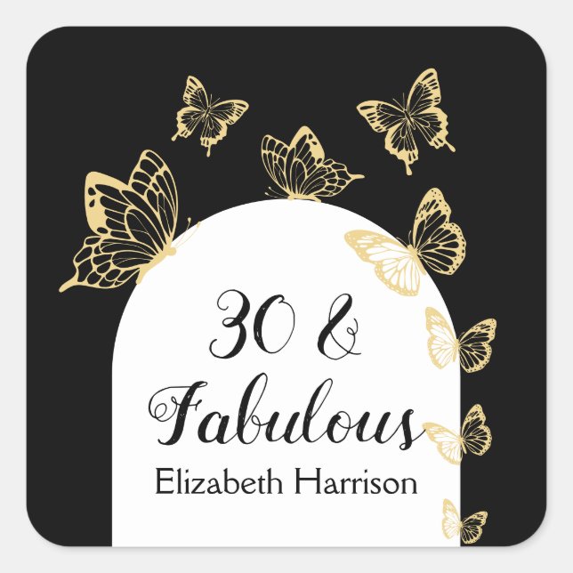 Modern Black Gold Butterflies Fabulous Birthday Square Sticker (Front)