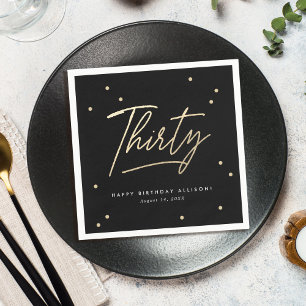 Modern Black Gold Calligraphy 30th Birthday Napkin
