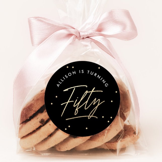 Modern Black Gold Calligraphy 50th Birthday Classic Round Sticker (Creator Uploaded)