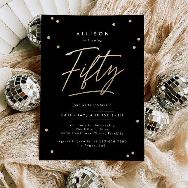 Modern Black Gold Calligraphy 50th Birthday Invitation (Creator Uploaded)