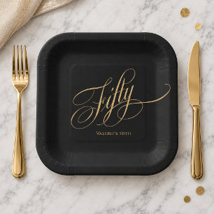 Modern Black Gold Calligraphy Script 50th Birthday Paper Plate