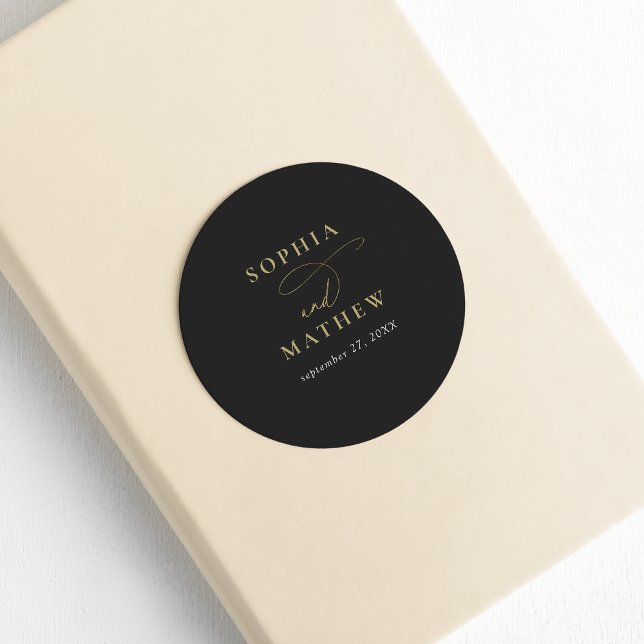 Modern Black Gold Calligraphy Wedding Classic Round Sticker (Creator Uploaded)