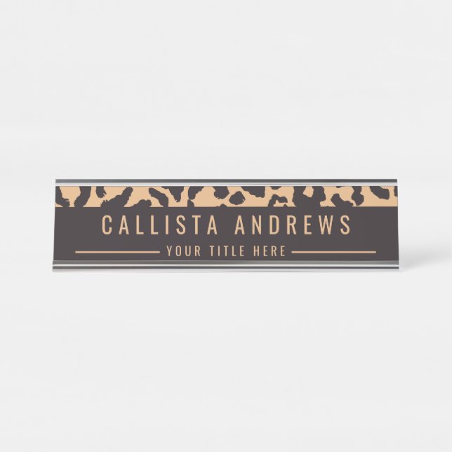 Modern Black Gold Cheetah Leopard Animal Print Desk Name Plate (Front)