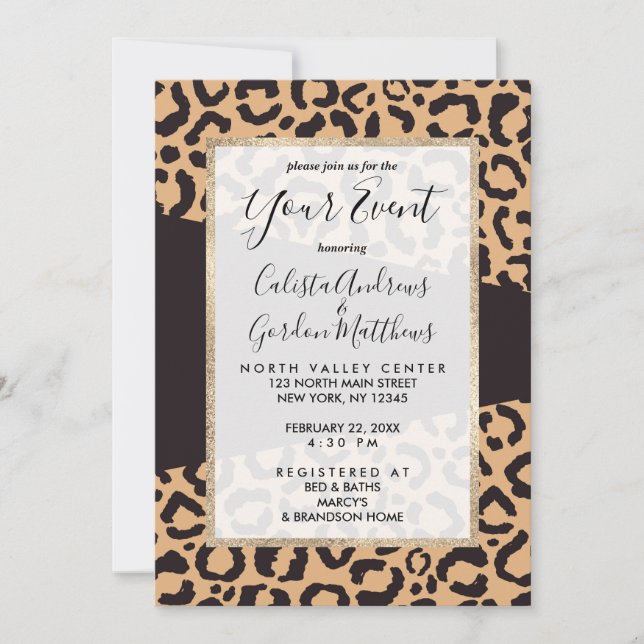 Modern Black Gold Cheetah Leopard Animal Print Invitation (Front)