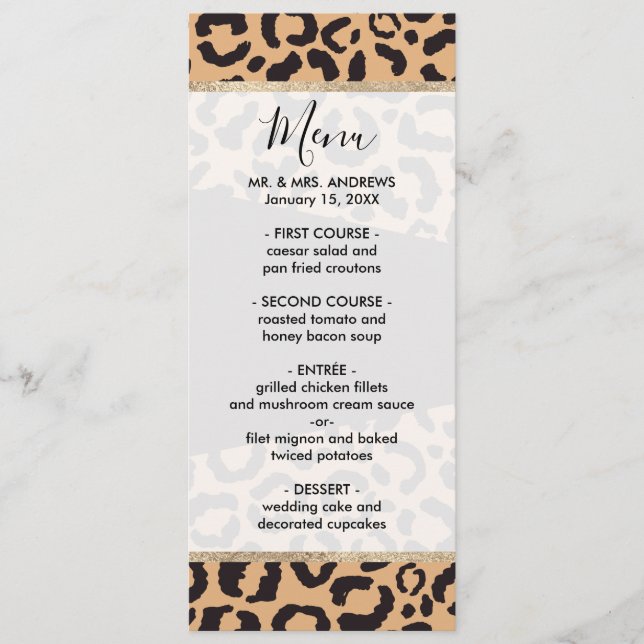 Modern Black Gold Cheetah Leopard Animal Print Menu (Front)