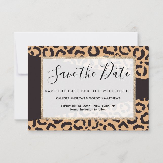 Modern Black Gold Cheetah Leopard Animal Print Save The Date (Front)