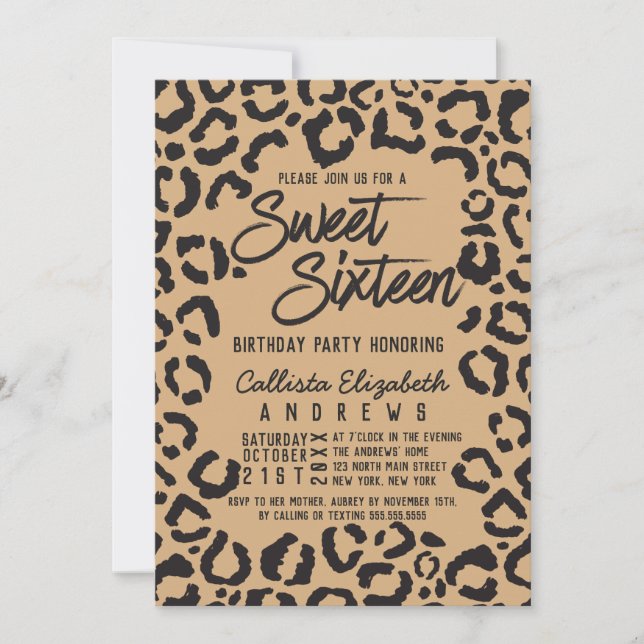 Modern Black Gold Cheetah Leopard Sweet 16 Invitation (Front)